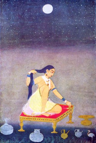 Illustrazione di Abhyanga che si auto-massaggia sotto la luna piena
