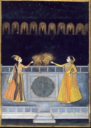 Dipinto (1740 circa), due signore Mughal festeggiano con le stelle filanti.