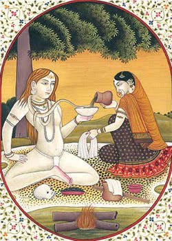 Antica illustrazione con Shiva intento a pratiacre un pancha karma da una donna