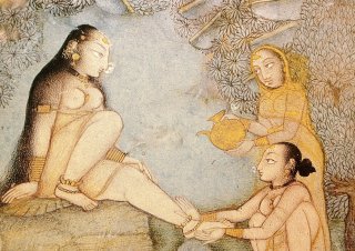Antico disegno di una donna seduta su una roccia che si fa massaggiare i piedi con l'olio da altre due donne